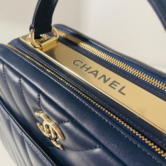 Chanel Navy Chevron Leather Medium Trendy Bowling Top Handle - Picture 5 of 10